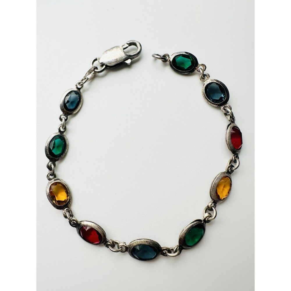 925 Sterling Silver Rainbow Crystal Bezel Set Bracelet 7.25”